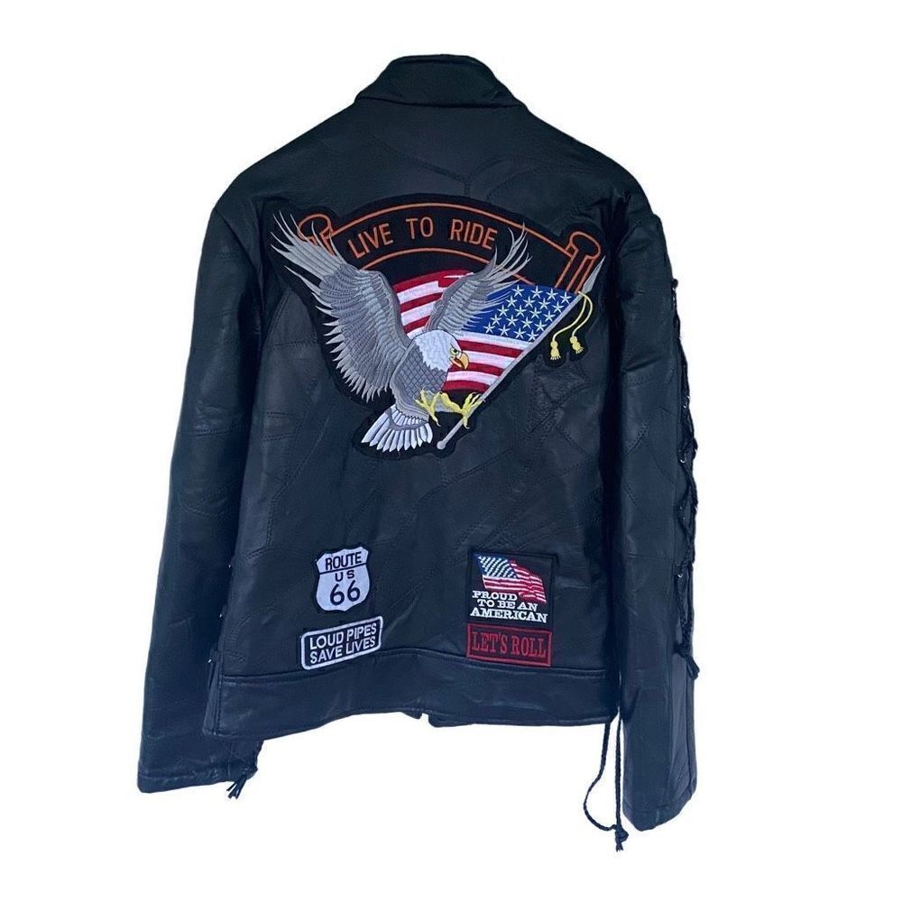 Diamond Plate Buffalo Leather Patchwork Motorcycle Mens Jacket American Flag Med